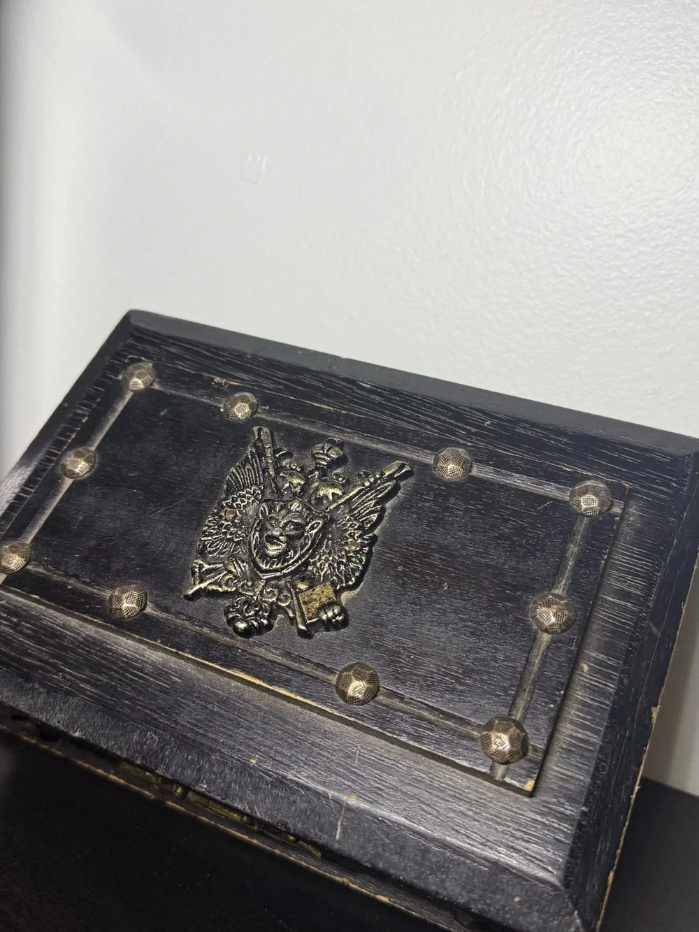 Vintage 1980s Wooden & Metal Knight Studded Made In Japan Trinket / Jewelry Box